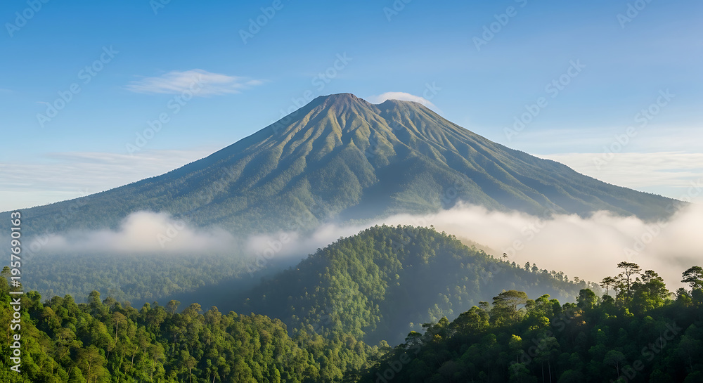 Obraz premium Majestic Volcano Peak Emerges from Lush Green Forests Above a Sea of Clouds