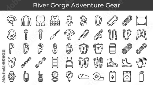 Collection of river gorge adventure and climbing equipment icons