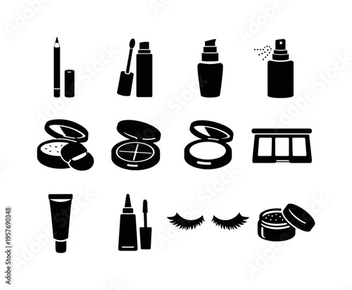 Solid vector icons of makeup products: lip liner, concealer, primer, setting spray, setting powder, bronzer, highlighter, contour