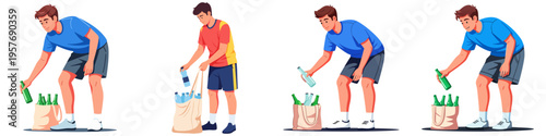Young man with eco bag collecting bottles, perfect for environmental campaigns, sustainability reports, educational materials on recycling, and green energy website headers