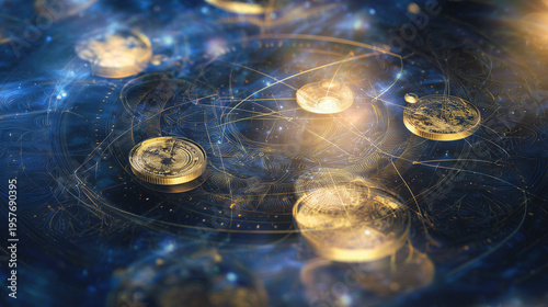 Glowing digital coins connected by network lines representing blockchain technology, cryptocurrency, and digital finance systems.