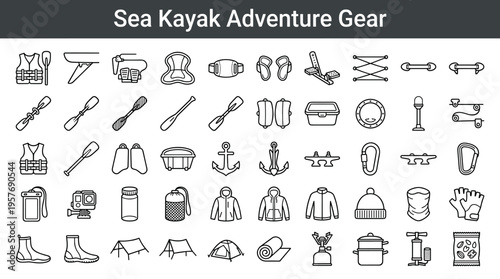 Collection of Sea Kayaking Adventure Gear Icons for Outdoor Activities