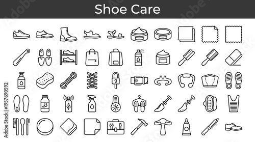 Collection of shoe care and maintenance icons for footwear hygiene and repair services