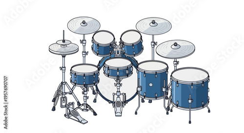 Complete Drum Set, Blue Drums, Cymbals, Percussion Instrument, Music Equipment
