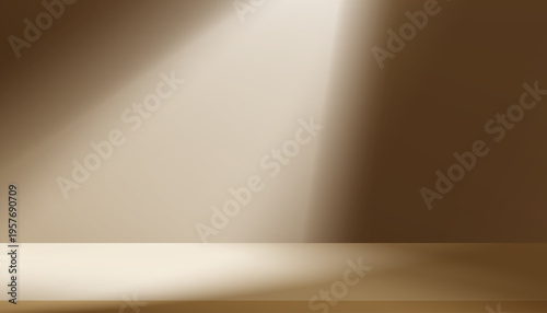 Brown Background wall studio for product design,Shadow on podium floor in kitchen room,Empty 3d white light on color cream floor mock up.Interior scene sunlight texture soft gradient for Autumn