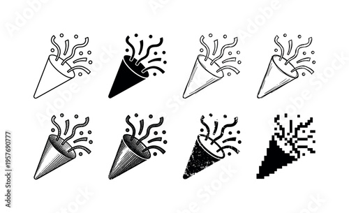 Collection of eight different party popper icons with confetti exploding outwards