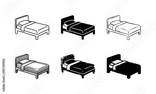 Collection of six different bed illustrations in isometric view, showcasing various styles and textures