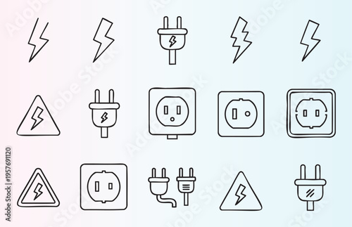Electricity and power icons set with various plug and lightning symbols