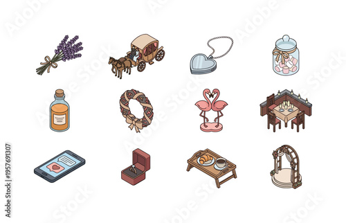 Lavender flower bundle, romantic carriage ride, silver locket pendant, marshmallow sweets jar, spa massage oil bottle, decorative