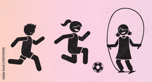 Happy children playing with soccer ball and jump rope illustration
