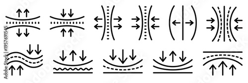 Set elasticity line icon, logo, badge, symbol, sign, sticker, label, symbol, black, flat vector, isolated illustration. Compress, pressure, compact, high stretch and elastic material, ultra thin icon.