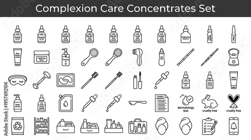 Collection of skincare and complexion care product icons and tools for beauty routines