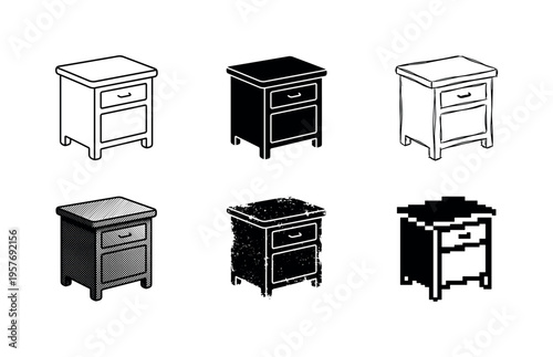 Collection of six different styles of nightstand icons in isometric view