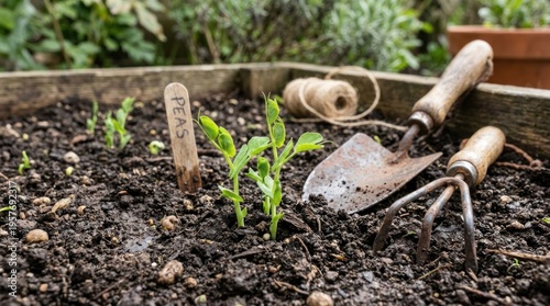 Gardening tools and young plants growing.