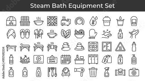 Collection of steam bath and spa equipment icons in a clean, modern line art style