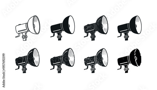 Collection of eight different stylized studio flash light icons on a white background