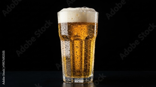 Glass of beer with foam on top.