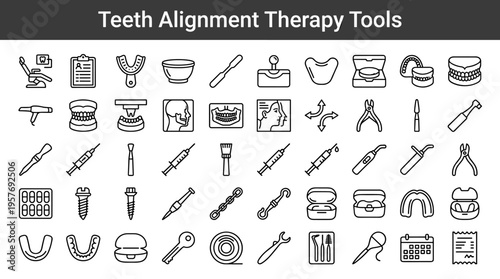 Collection of dental tools and equipment for teeth alignment therapy and orthodontics