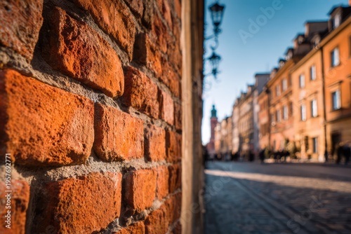 Charming Warsaw Old Town Street View with Brick Wall Detail.