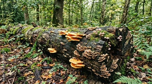 Mushrooms growing on a fallen tree.