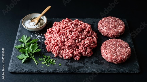 Raw ground beef patties on slate.