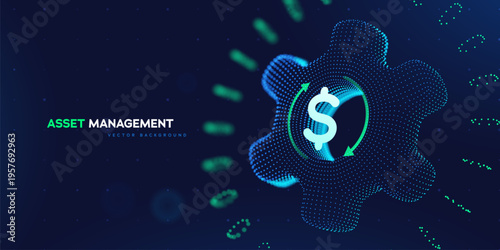 Financial Technology Background With Dollar Icon, Circular Arrows, And Neon Toroidal Gear On Dark Gradient. Investment Assets And Money Systems. Vector Illustration.