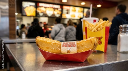 Taco and fries on restaurant counter.
