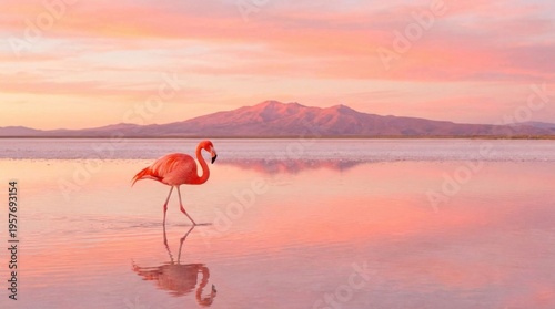 Flamingo standing alone on pink lake.