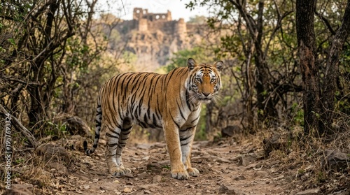 Tiger standing on forest dirt path.