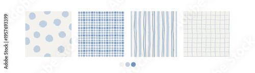 Minimal cottagecore pastel pattern set with stripes, plaid, grid, tartan, polka dots in soft blue color. Clean seamless backgrounds perfect for fabric, packaging, branding, scrapbooking design. Vector