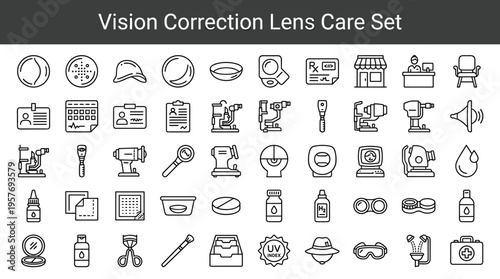 Vision Correction Lens Care Set: Comprehensive Eye Health and Optical Equipment Icons