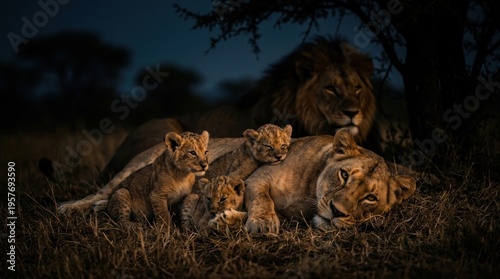 Lioness and cubs resting together outside.