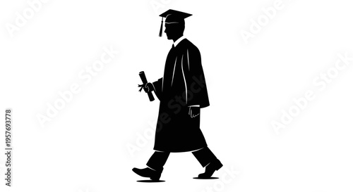 Graduation Silhouette: Student in Cap and Gown Holding Diploma, Walking Forward