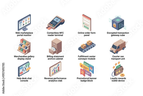 Web marketplace portal monitor, contactless NFC reader terminal, online order form panel, encrypted transaction gateway cube,