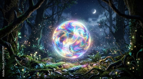 Glowing colorful moonlit forest fantasy scene.