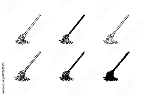 Collection of six different mop icons in various styles and textures for cleaning services