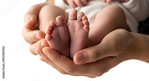 Newborn baby feet held by adult hands, postnatal care and parental love concept, soft and minimal composition, Isolated on White background