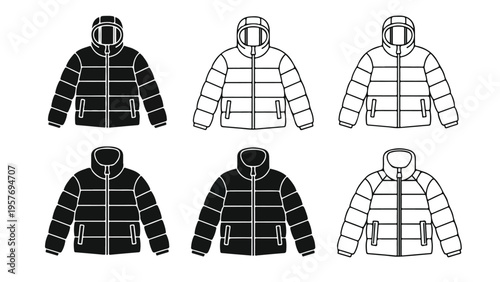 Collection of six different line art illustrations of hooded puffer jackets in black and white on a plain background.