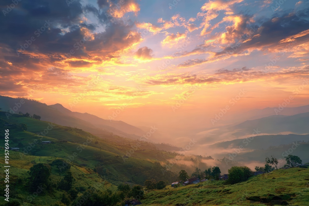 Obraz premium Golden Sunrise Over Misty Mountains - A Serene Landscape.