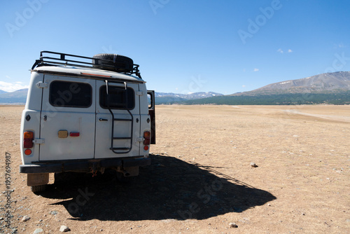 Off-road vehicles in remote region of Mongolia. Altai Tavan Bogd National Park