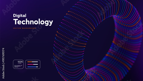Futuristic Tech Background Featuring A Glowing Torus Segment, Colorful Particle Tunnel, And Dynamic Curved Motion In Neon Gradient. Digital Forms And Waves. Vector Illustration.