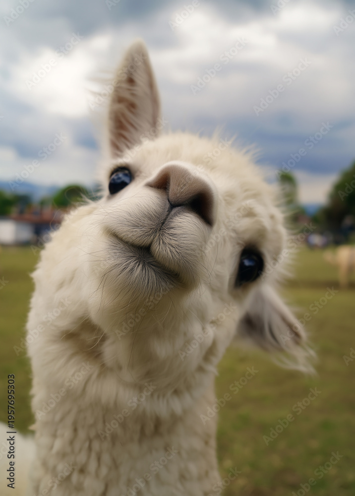 Obraz premium Fluffy White Alpaca Portrait: Curious and Playful Animal Headshot in Scenic Pastoral Landscape
