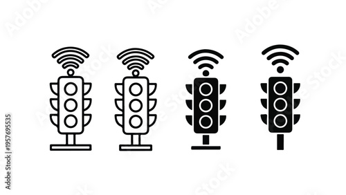 Four traffic lights with WiFi signals in black and white on a plain background.