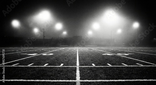American football field under night lights in fog, empty stadium