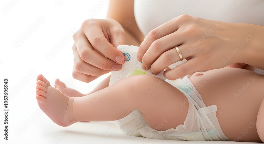 Fototapeta premium Mother changing newborn diaper, baby hygiene and postnatal care concept, clean medical style, Isolated on White background