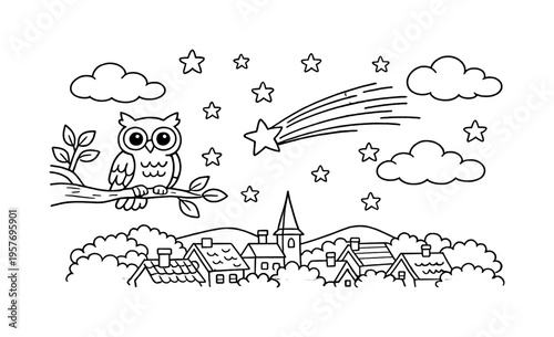 Shooting star passing above a cozy village with rooftops and trees below, stars twinkling in the sky, a friendly owl perched on a