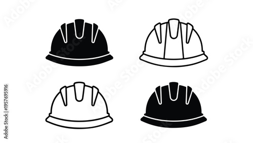 Four black and white hard hat icons in a flat lay style against a clean white background.