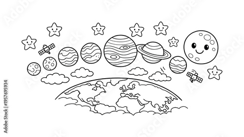 Planet parade floating above Earth with clouds and oceans below, tiny satellites orbiting, friendly stars twinkling in the sky