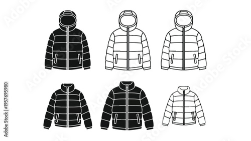 Collection of six different line art illustrations of winter jackets with zippers in black and white on a plain background.