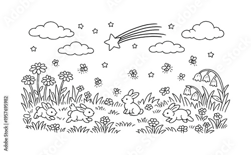 Shooting star flying above a magical meadow with tall grass and flowers, tiny rabbits hopping nearby, fireflies glowing and